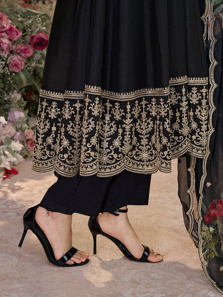Black Vichitra Silk Embroidered Anarkali Set with Digital Printed Chiffon Dupatta