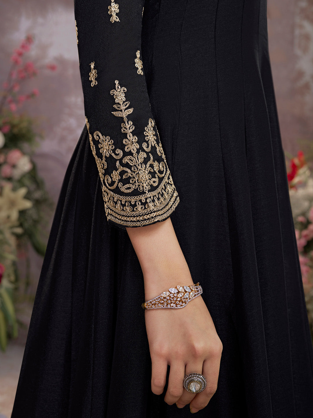 Black Vichitra Silk Embroidered Anarkali Set with Digital Printed Chiffon Dupatta