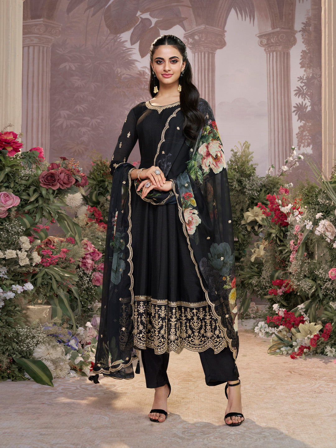 Black Vichitra Silk Embroidered Anarkali Set with Digital Printed Chiffon Dupatta