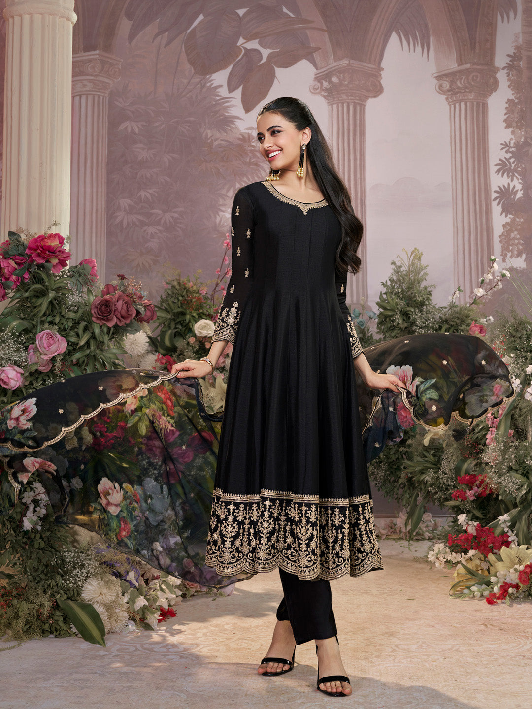 Black Vichitra Silk Embroidered Anarkali Set with Digital Printed Chiffon Dupatta