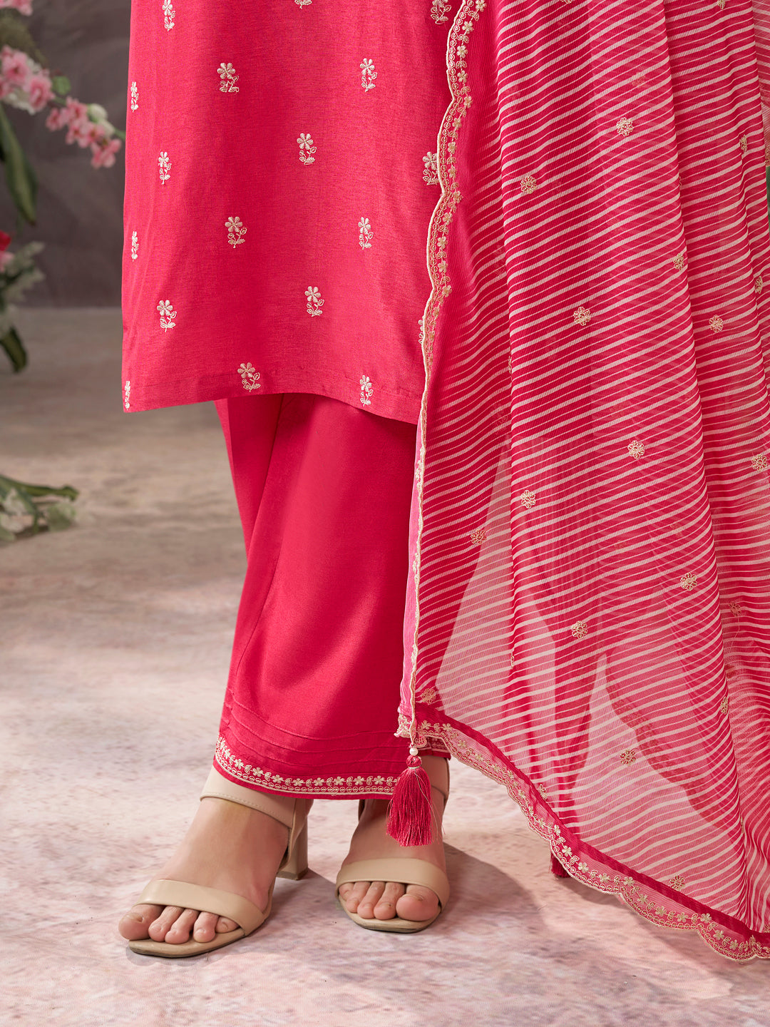 Pink Dola Silk kurta Set With Embroidered Work Paired With Chiffon Digital Printed Duppatta