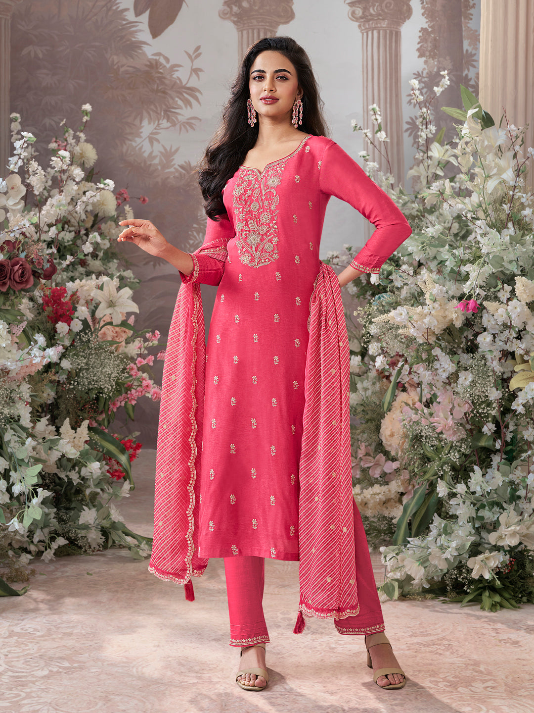 Pink Dola Silk kurta Set With Embroidered Work Paired With Chiffon Digital Printed Duppatta