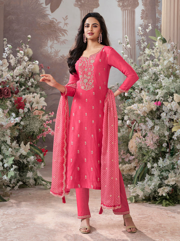 Pink Dola Silk kurta Set With Embroidered Work Paired With Chiffon Digital Printed Duppatta