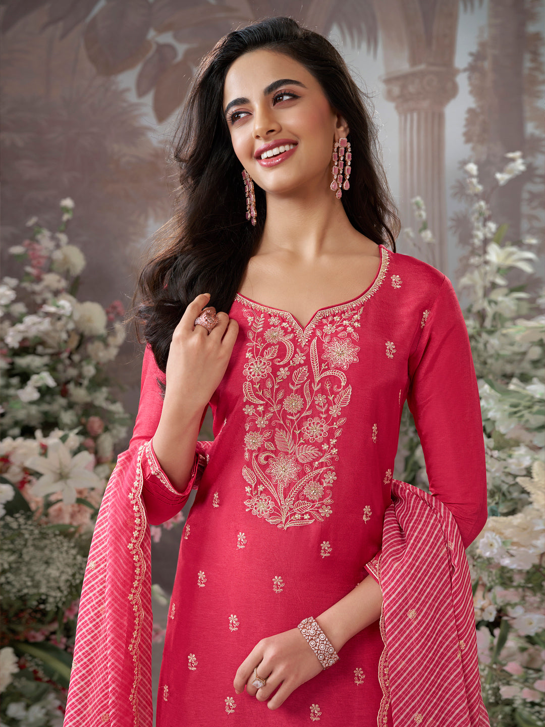 Pink Dola Silk kurta Set With Embroidered Work Paired With Chiffon Digital Printed Duppatta