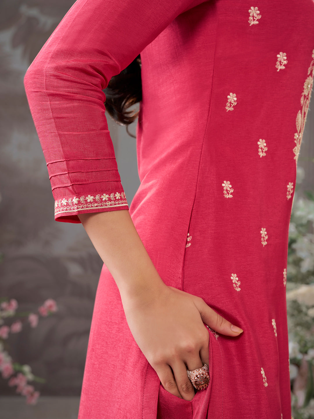 Pink Dola Silk kurta Set With Embroidered Work Paired With Chiffon Digital Printed Duppatta