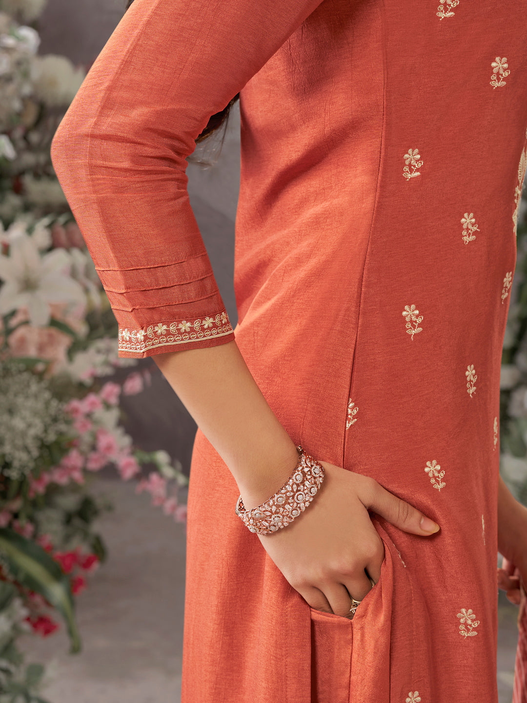 Peach Dola Silk kurta Set With Embroidered Work Paired With Chiffon Digital Printed Duppatta