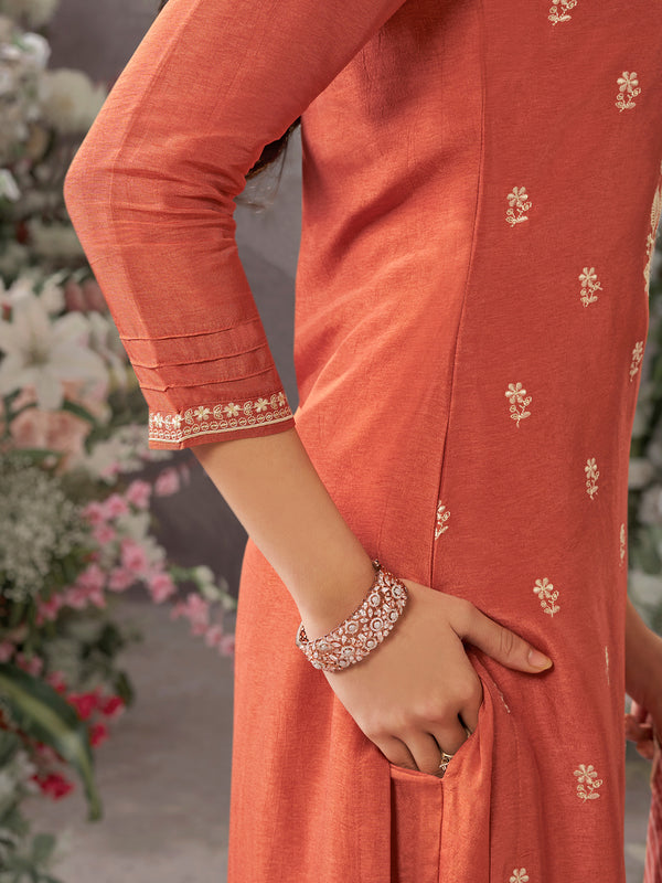 Peach Dola Silk Kurta Set With Embroidered Work Paired With Chiffon Digital Printed Dupatta