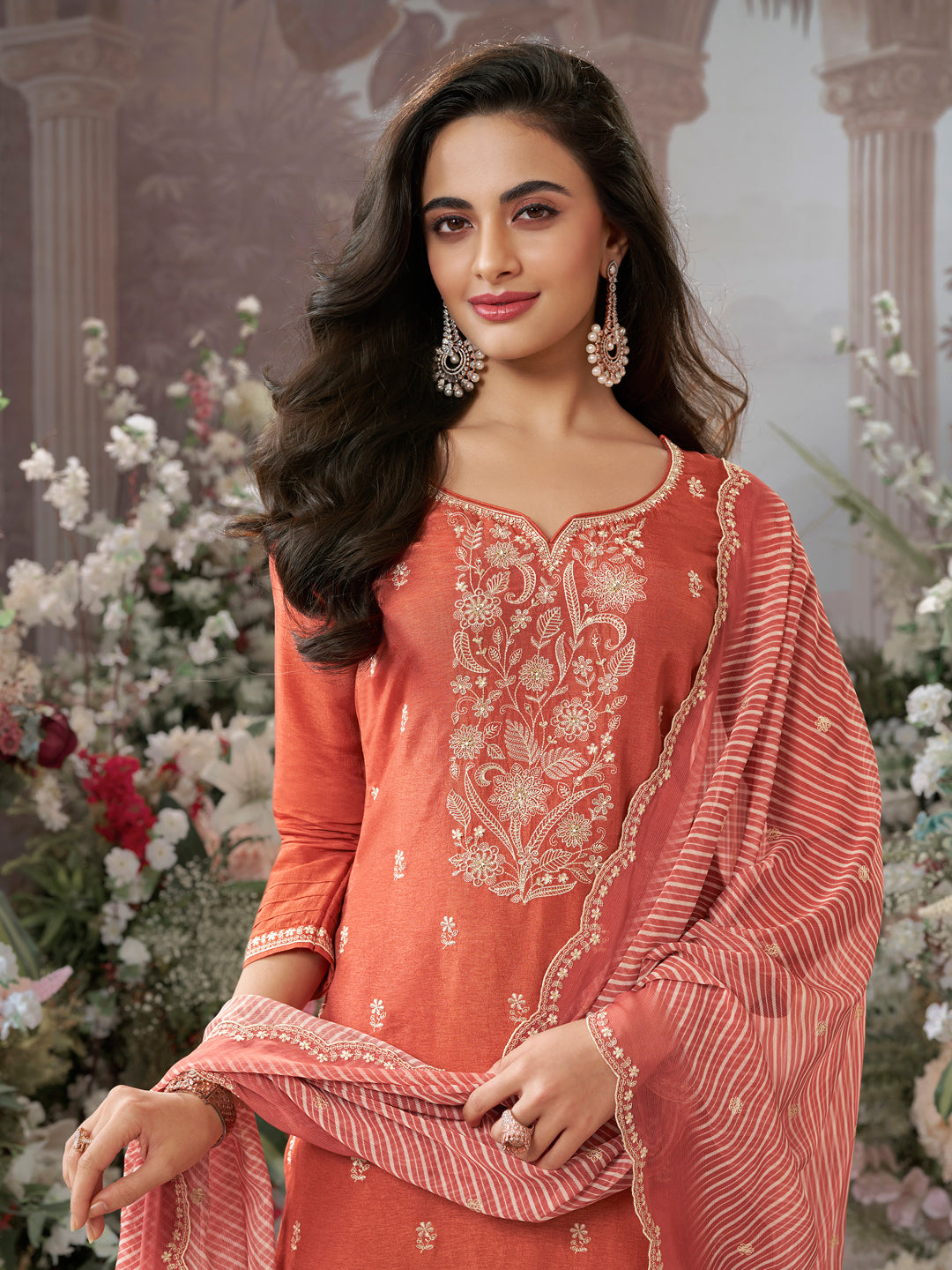 Peach Dola Silk kurta Set With Embroidered Work Paired With Chiffon Digital Printed Duppatta
