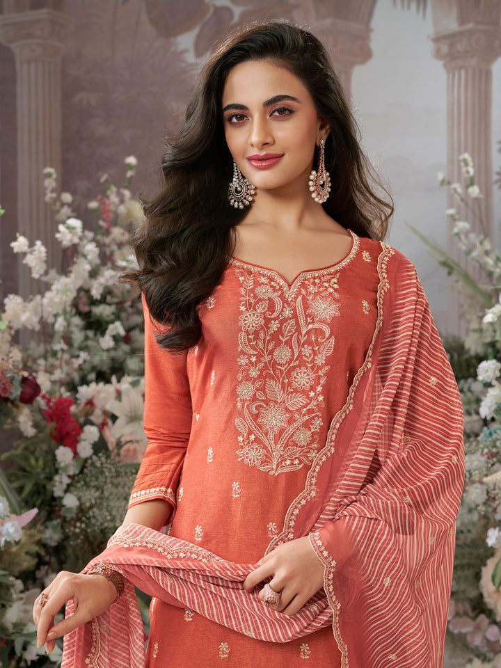 Peach Dola Silk kurta Set With Embroidered Work Paired With Chiffon Digital Printed Duppatta