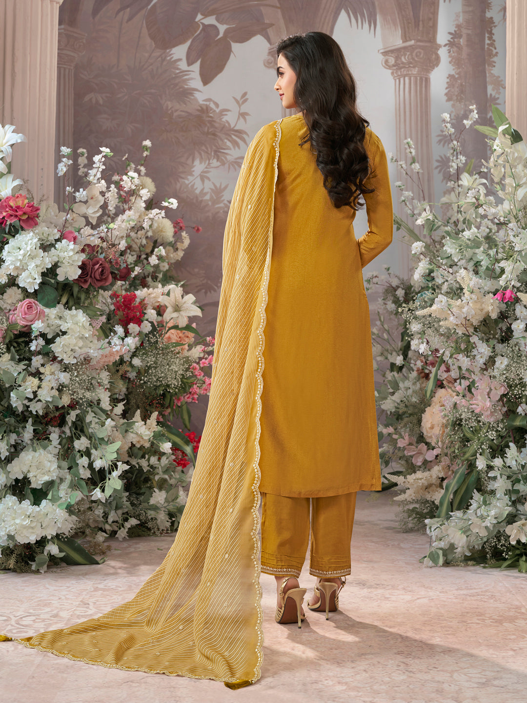 Mustard Dola Silk Kurta Set With Embroidered Work Paired With Chiffon Digital Printed Dupatta