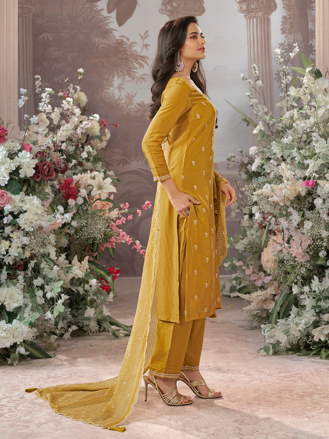 Mustard Dola Silk Kurta Set With Embroidered Work Paired With Chiffon Digital Printed Dupatta