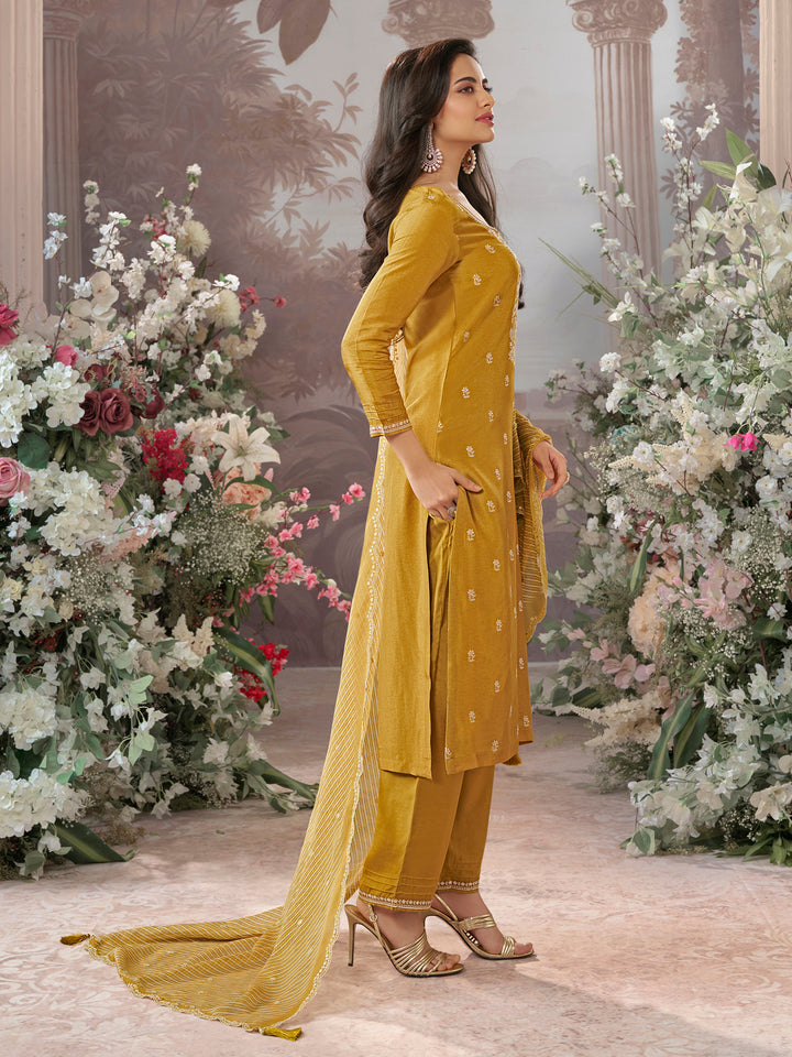 Mustard Dola Silk kurta Set With Embroidered Work Paired With Chiffon Digital Printed Duppatta