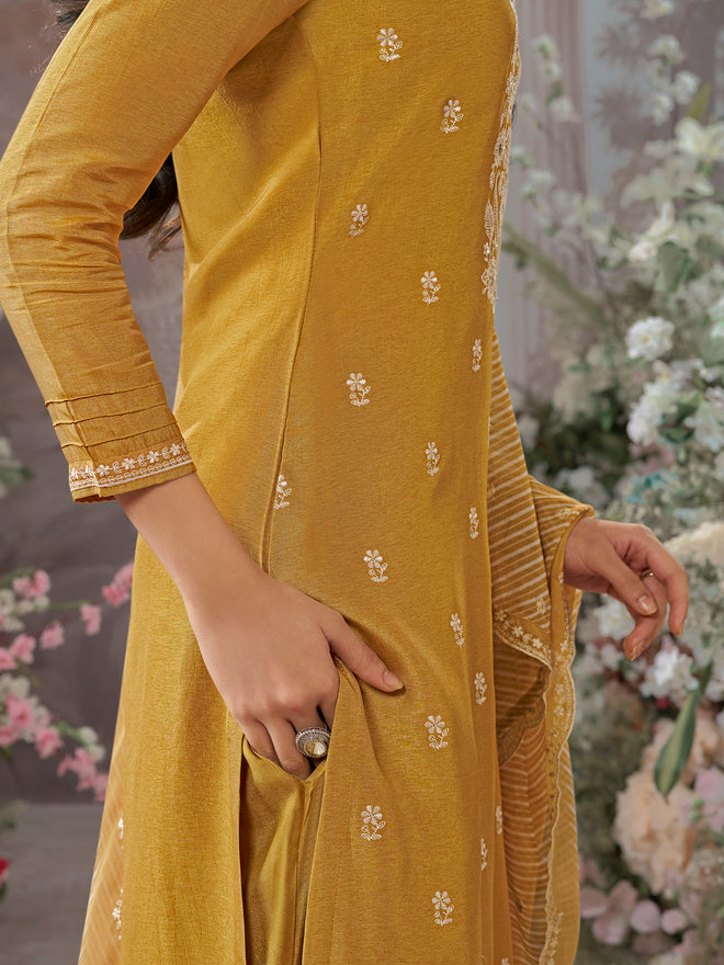 Mustard Dola Silk kurta Set With Embroidered Work Paired With Chiffon Digital Printed Duppatta