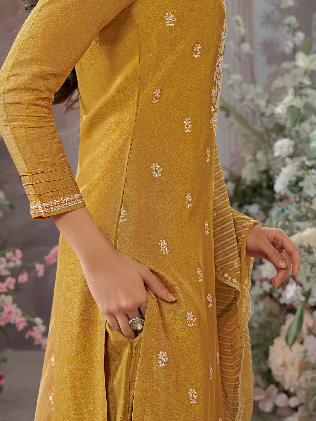 Mustard Dola Silk Kurta Set With Embroidered Work Paired With Chiffon Digital Printed Dupatta