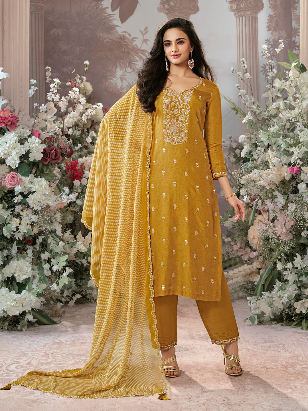 Mustard Dola Silk Kurta Set With Embroidered Work Paired With Chiffon Digital Printed Dupatta