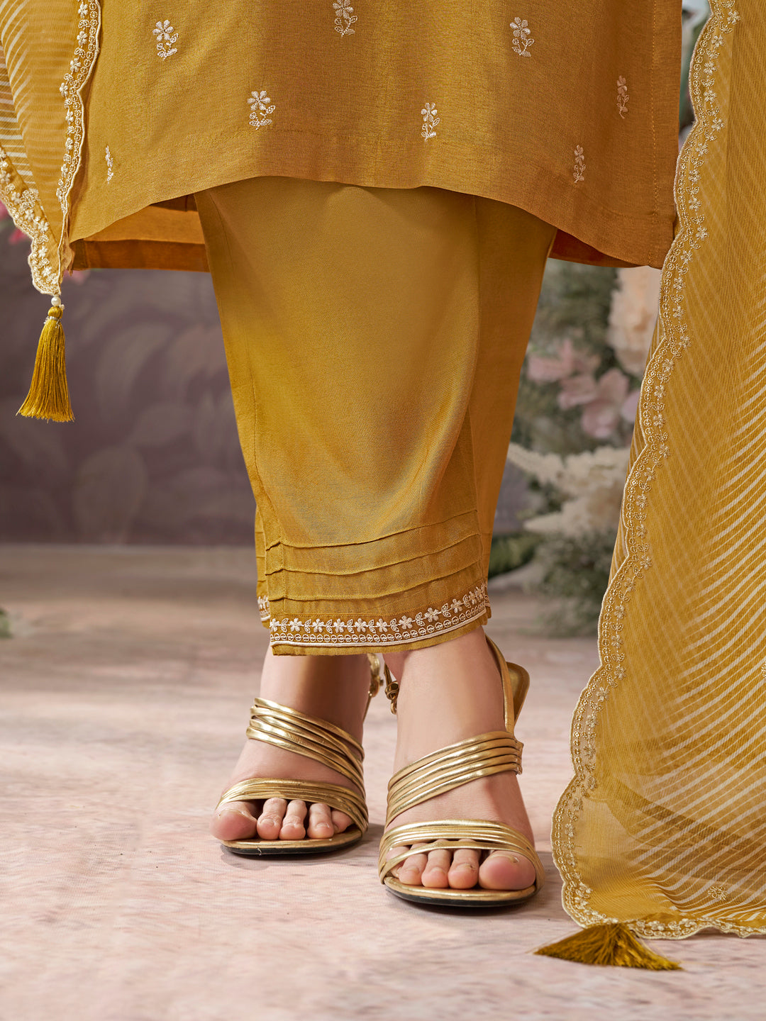 Mustard Dola Silk Kurta Set With Embroidered Work Paired With Chiffon Digital Printed Dupatta