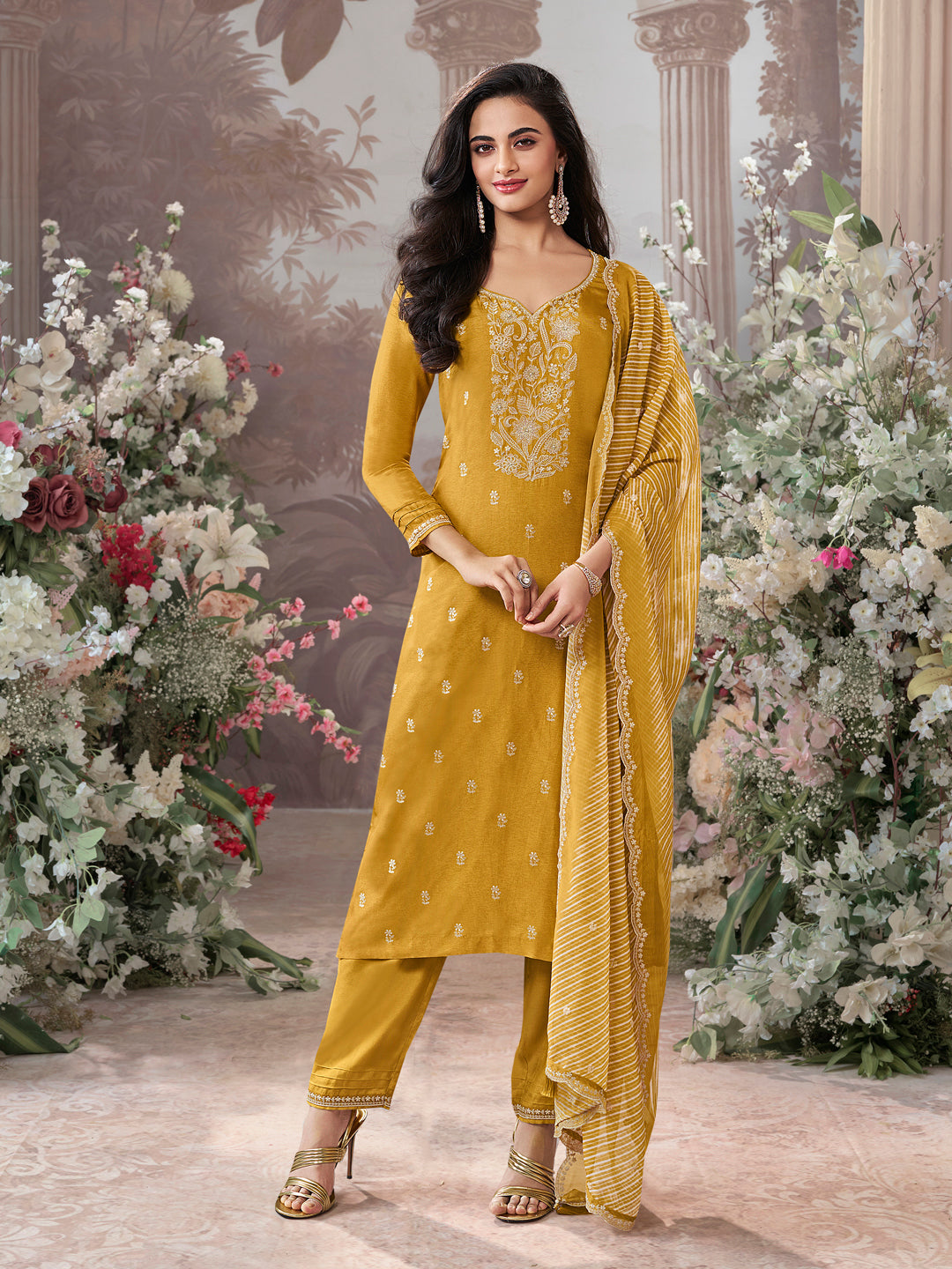 Mustard Dola Silk Kurta Set With Embroidered Work Paired With Chiffon Digital Printed Dupatta