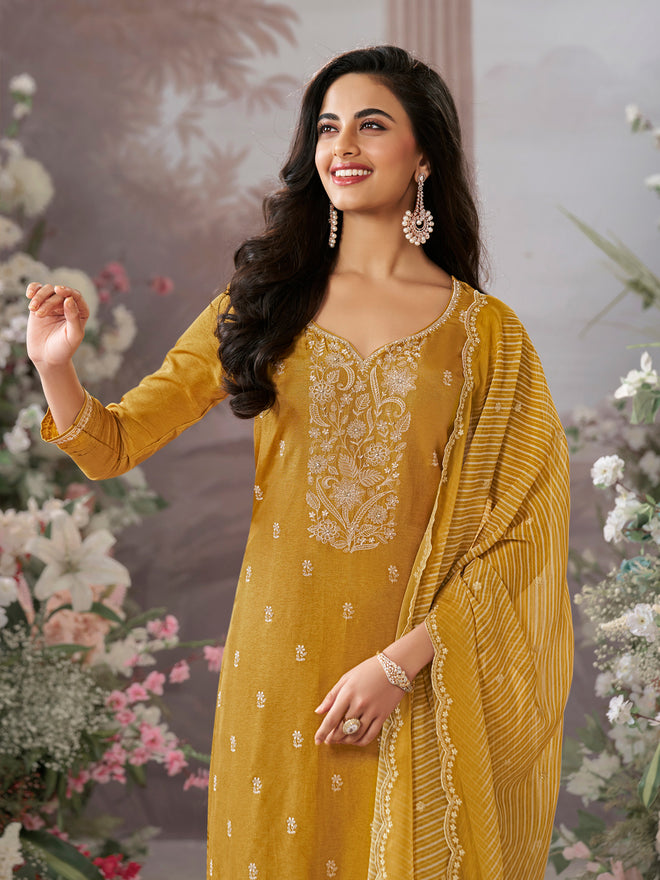 Mustard Dola Silk kurta Set With Embroidered Work Paired With Chiffon Digital Printed Duppatta