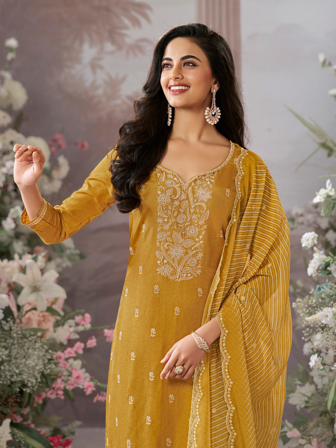 Mustard Dola Silk Kurta Set With Embroidered Work Paired With Chiffon Digital Printed Dupatta