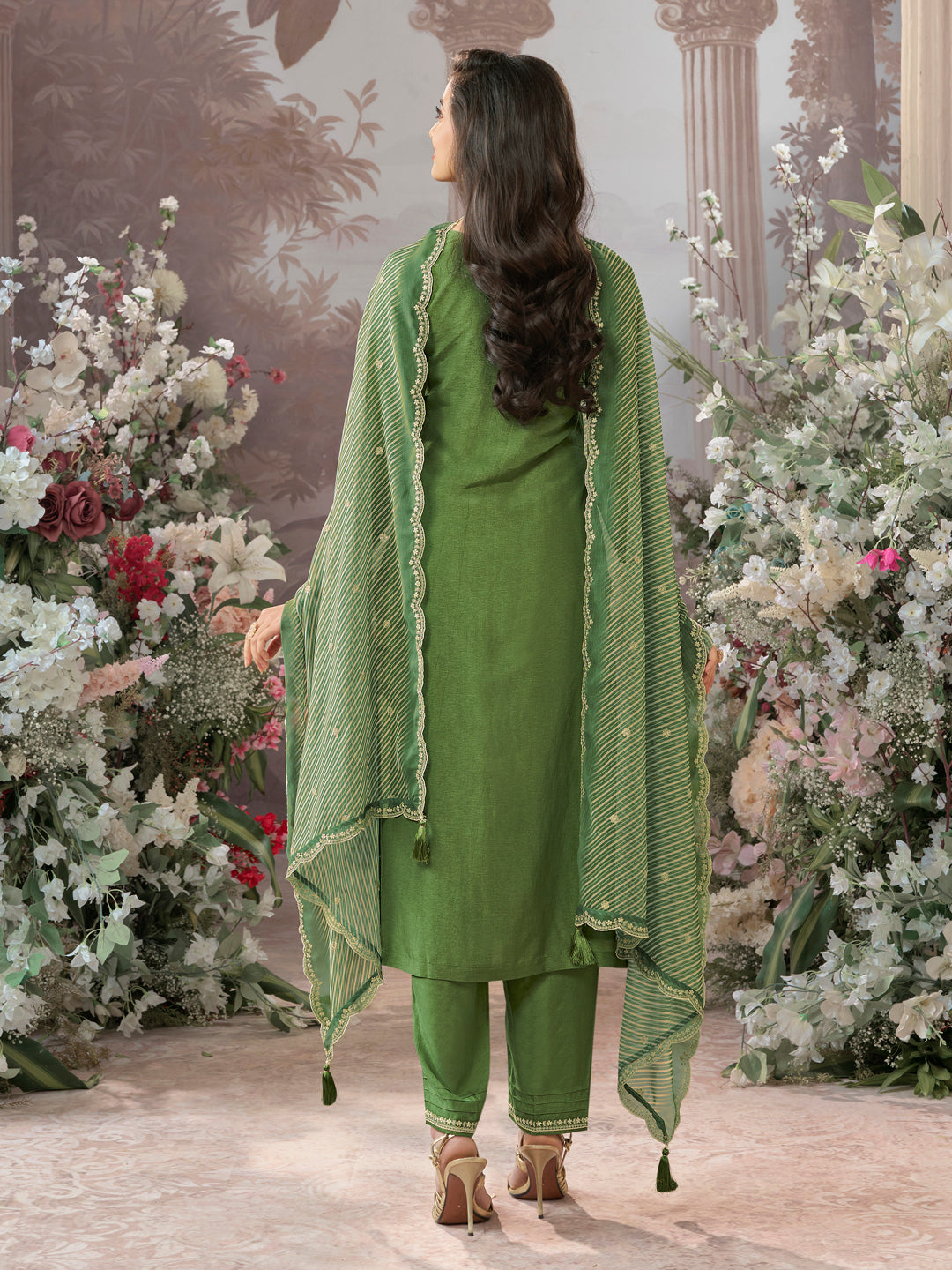 Olive Dola Silk kurta Set With Embroidered Work Paired With Chiffon Digital Printed Duppatta