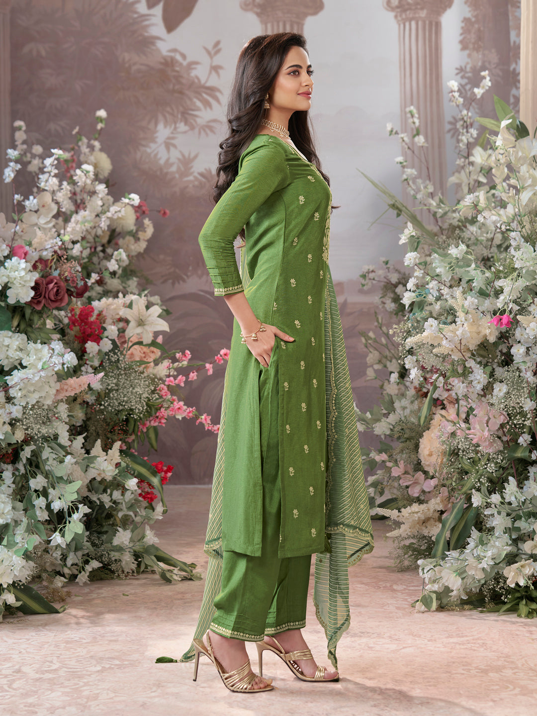 Olive Dola Silk kurta Set With Embroidered Work Paired With Chiffon Digital Printed Duppatta