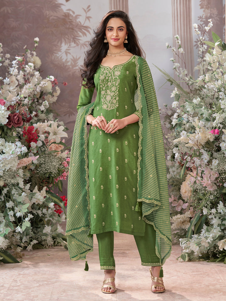 Olive Dola Silk kurta Set With Embroidered Work Paired With Chiffon Digital Printed Duppatta