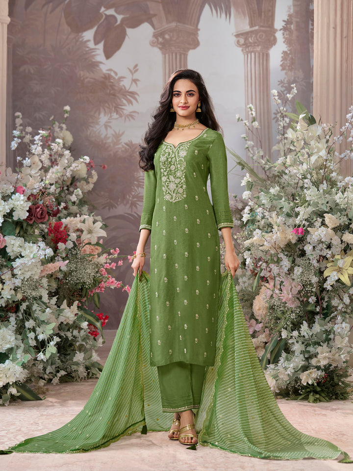 Olive Dola Silk kurta Set With Embroidered Work Paired With Chiffon Digital Printed Duppatta