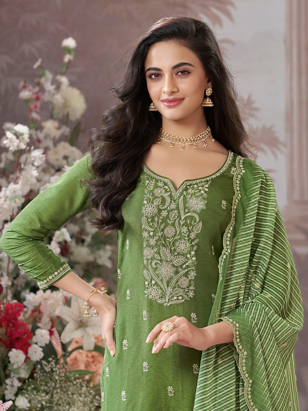 Olive Dola Silk kurta Set With Embroidered Work Paired With Chiffon Digital Printed Duppatta