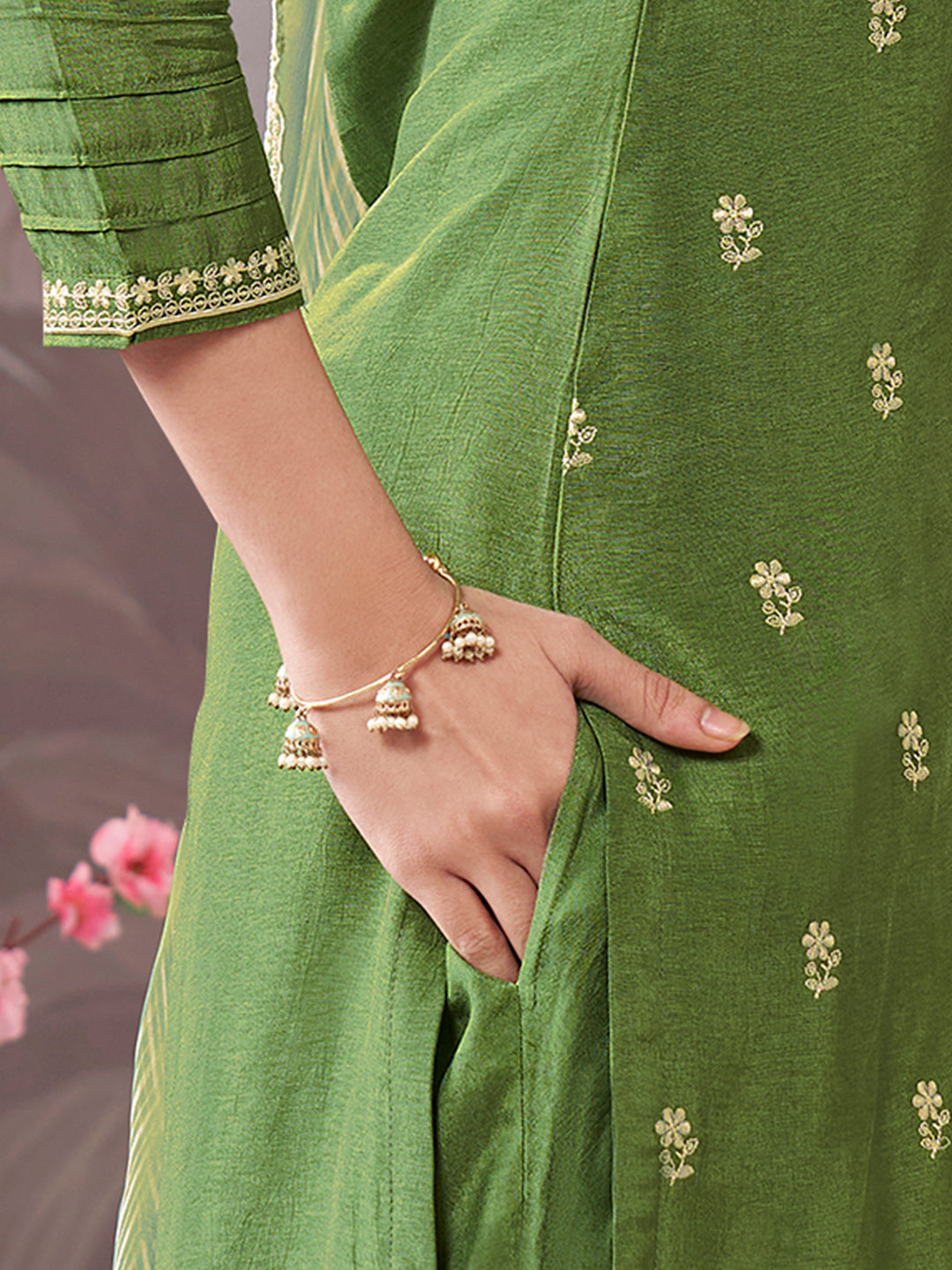 Olive Dola Silk kurta Set With Embroidered Work Paired With Chiffon Digital Printed Duppatta