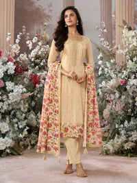 Off White Dola Silk Kurta Set with Jacquard Work, Paired with a Dola Silk Digital Printed Dupatta
