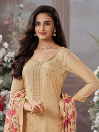 Off White Dola Silk Kurta Set with Jacquard Work, Paired with a Dola Silk Digital Printed Dupatta