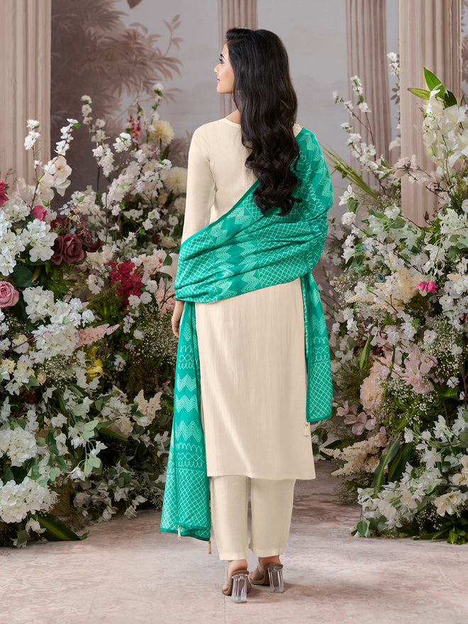 Off-White Viscose Thread Work Kurta Suit Set Paired with Digital Printed Green Contrast Dupatta