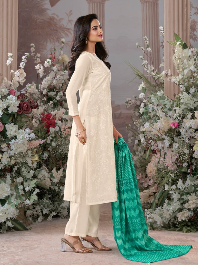 Off-White Viscose Thread Work Kurta Suit Set Paired with Digital Printed Green Contrast Dupatta