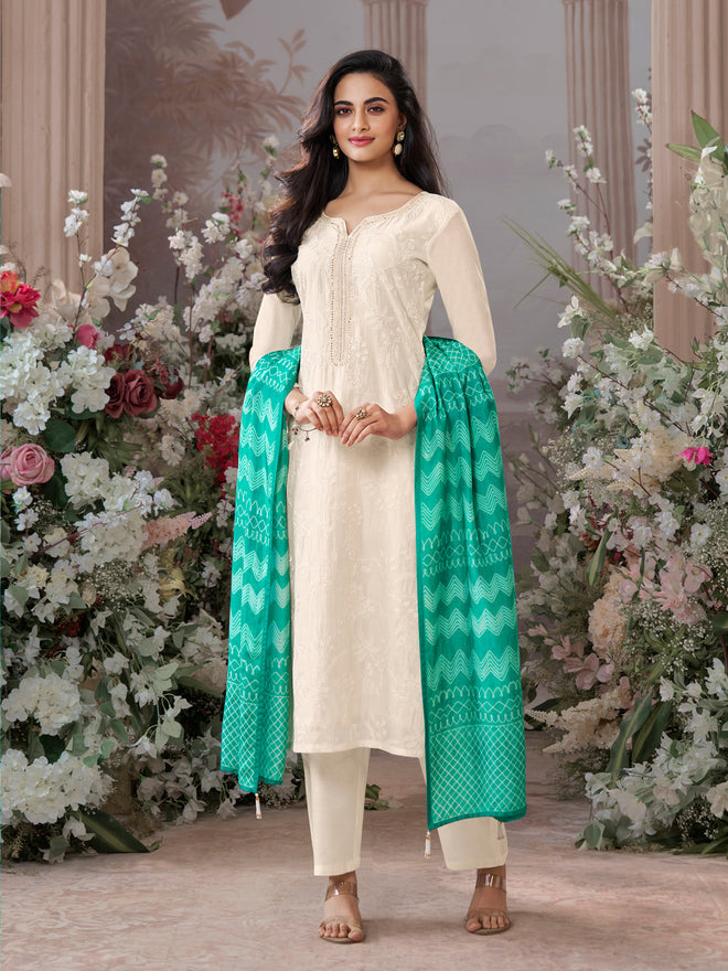 Off-White Viscose Thread Work Kurta Suit Set Paired with Digital Printed Green Contrast Dupatta