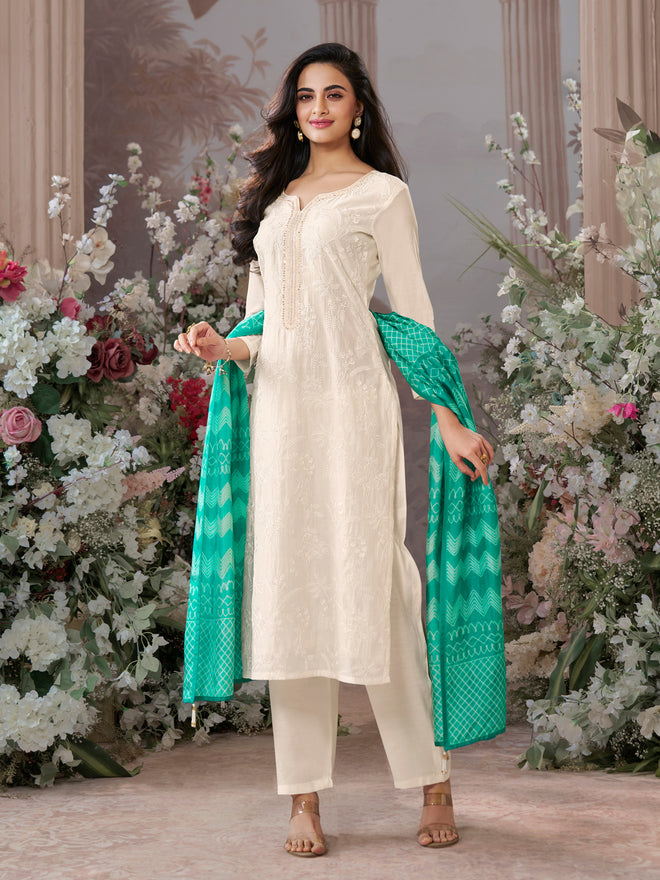 Off-White Viscose Thread Work Kurta Suit Set Paired with Digital Printed Green Contrast Dupatta