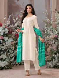 Off-White Viscose Thread Work Kurta Suit Set Paired with Digital Printed Green Contrast Dupatta