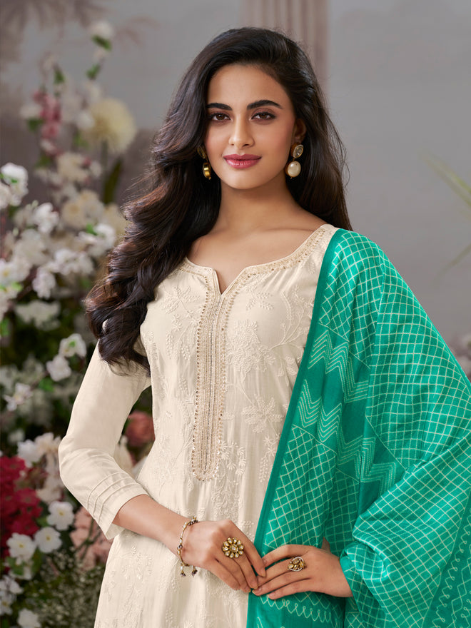 Off-White Viscose Thread Work Kurta Suit Set Paired with Digital Printed Green Contrast Dupatta