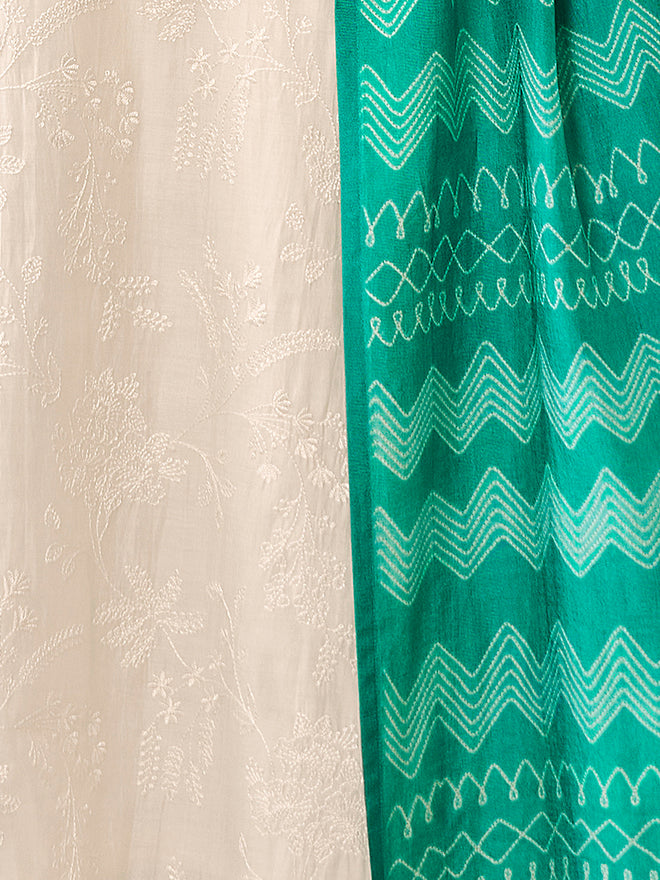 Off-White Viscose Thread Work Kurta Suit Set Paired with Digital Printed Green Contrast Dupatta