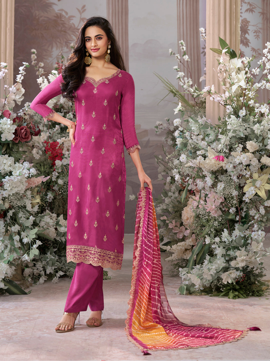 Hot Pink Dola Silk Kurta Set with Embroidered Work Paired with Chiffon Dupatta with Digital Print Work