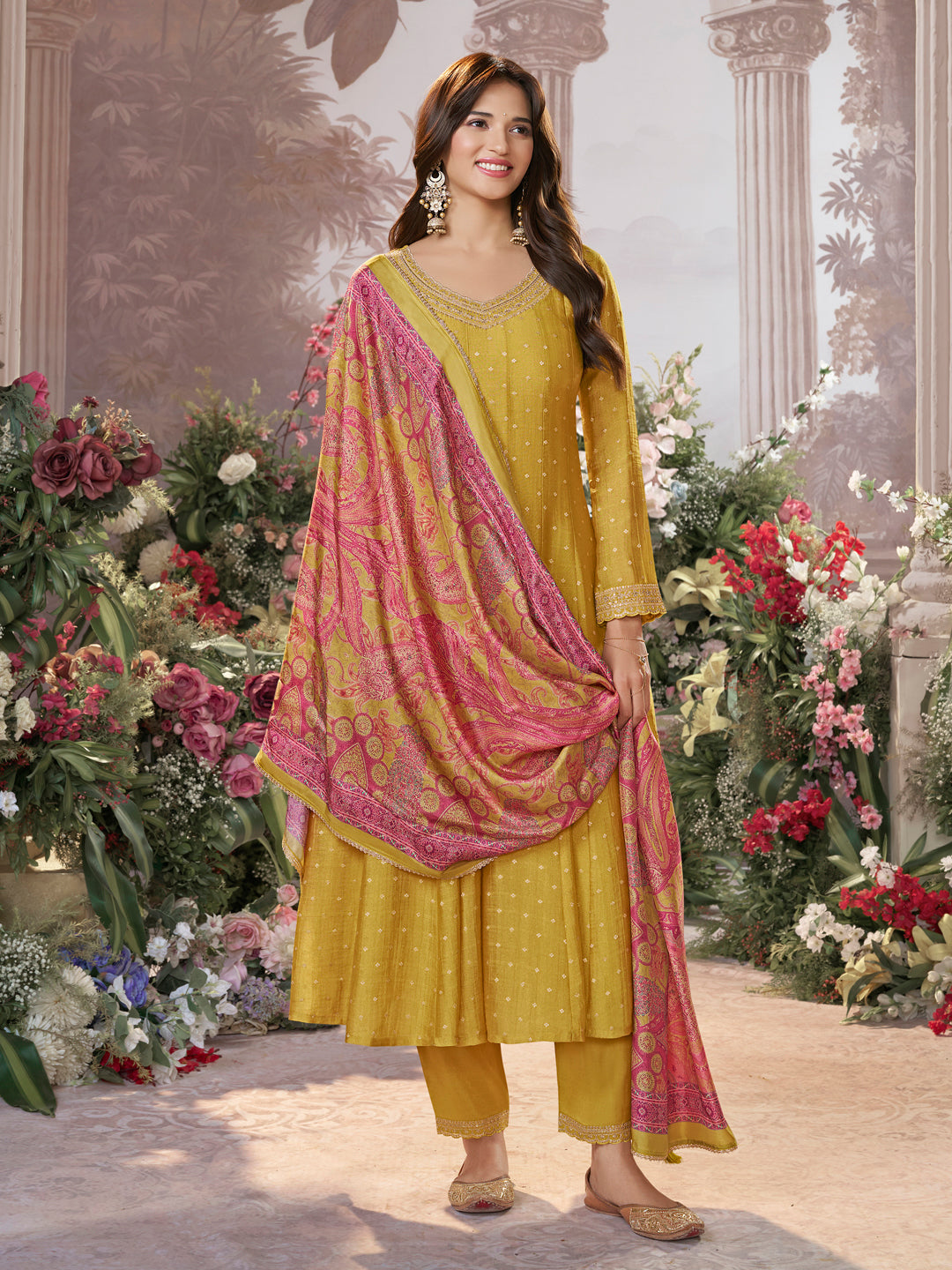 Mustard Tissue Silk Embroidered Anarkali Suit Set with Contrast Digital Print Russian Silk Dupatta