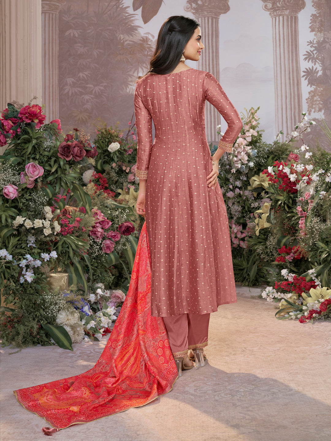 Dusty Rose Tissue Silk Embroidered Anarkali Suit Set with Contrast Digital Print Russian Silk Dupatta