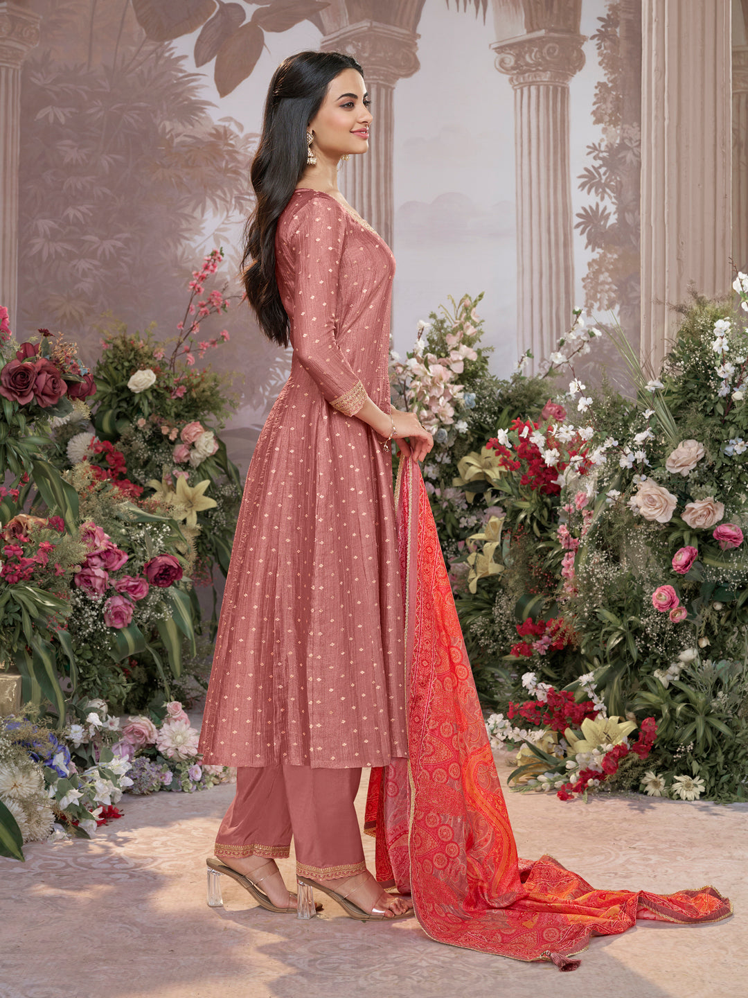 Dusty Rose Tissue Silk Embroidered Anarkali Suit Set with Contrast Digital Print Russian Silk Dupatta