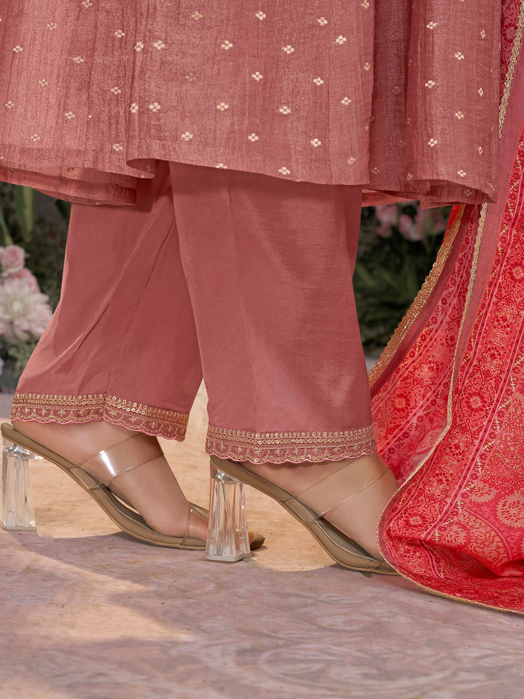Dusty Rose Tissue Silk Embroidered Anarkali Suit Set with Contrast Digital Print Russian Silk Dupatta
