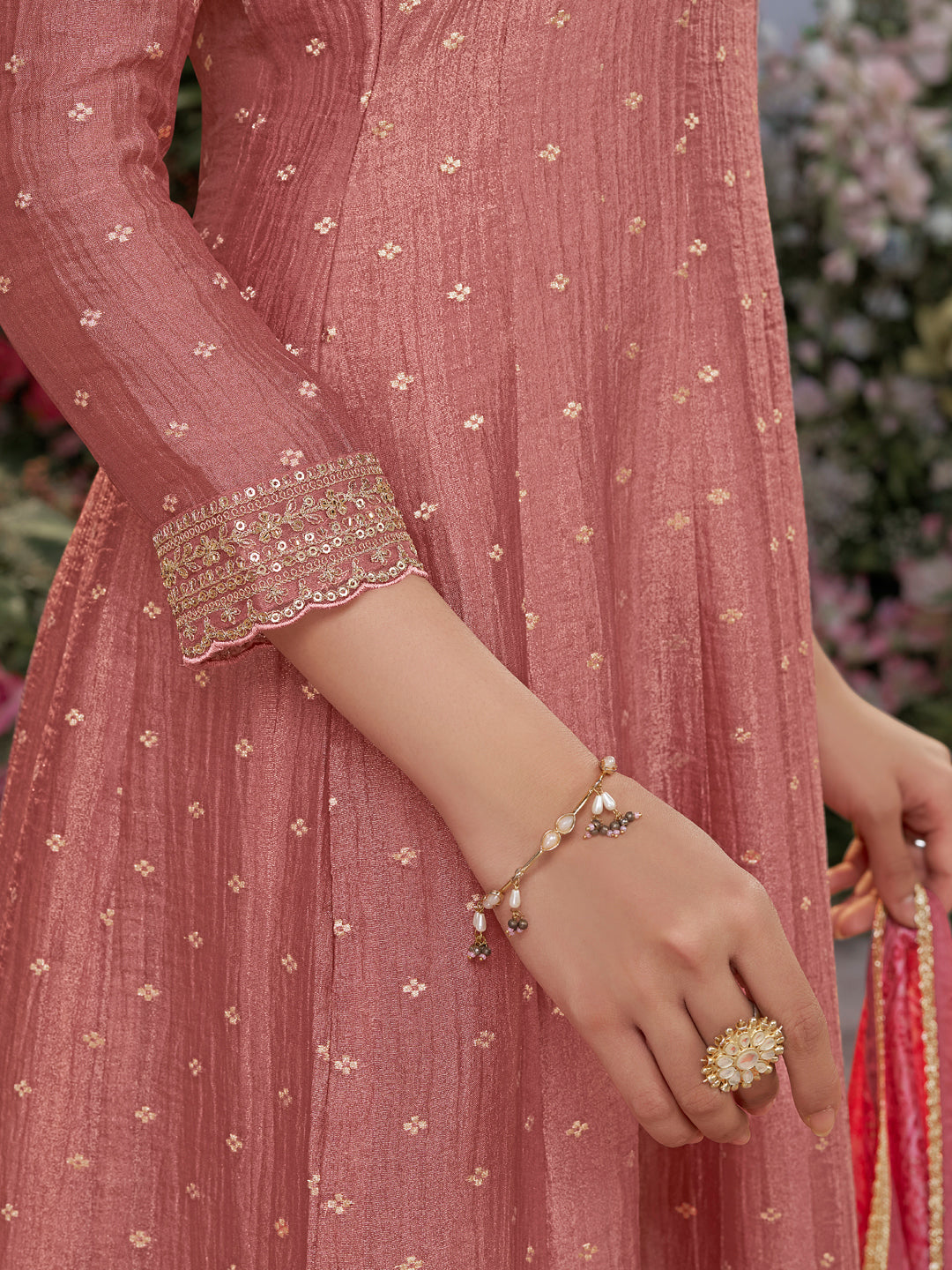 Dusty Rose Tissue Silk Embroidered Anarkali Suit Set with Contrast Digital Print Russian Silk Dupatta