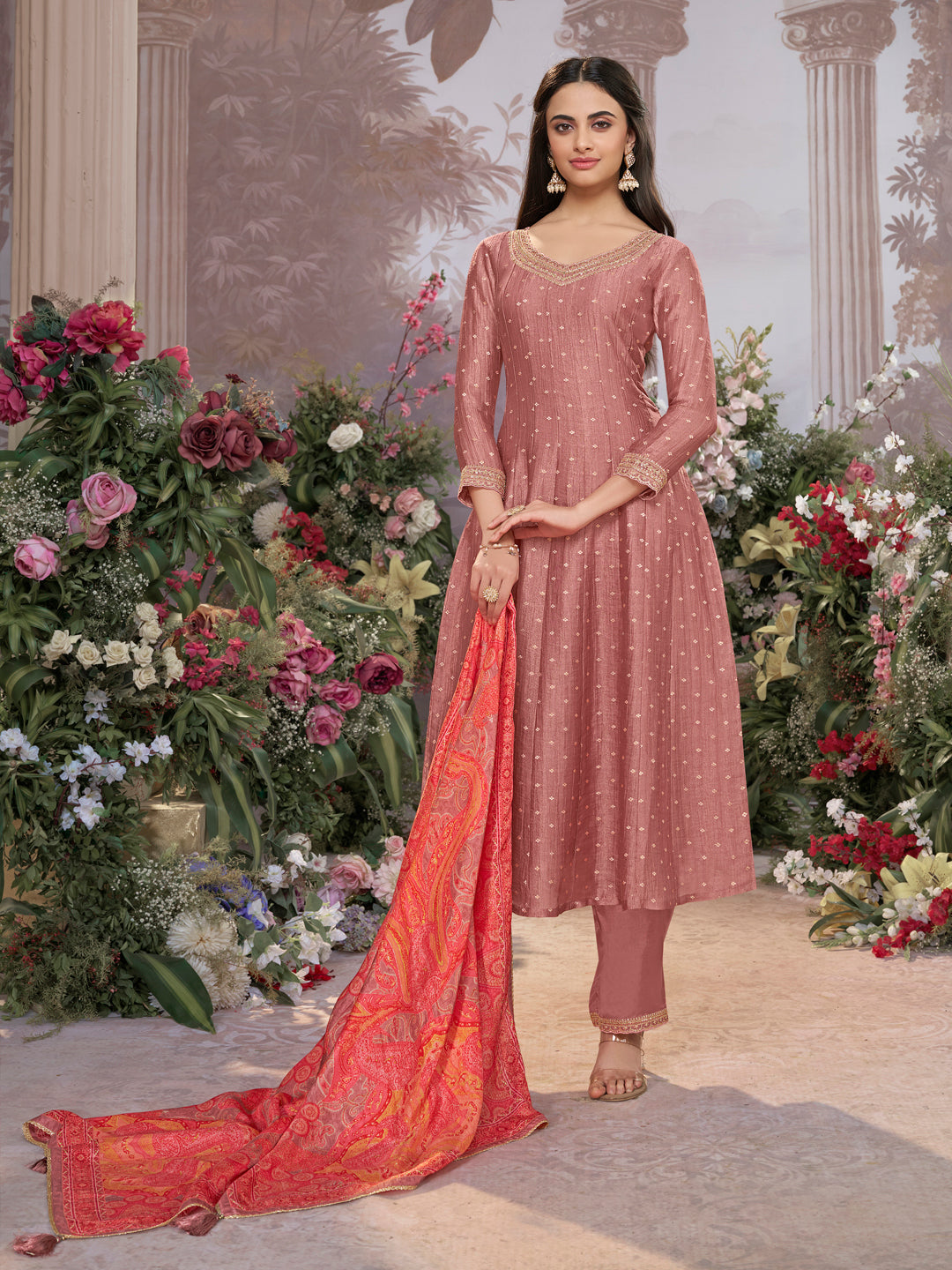 Dusty Rose Tissue Silk Embroidered Anarkali Suit Set with Contrast Digital Print Russian Silk Dupatta