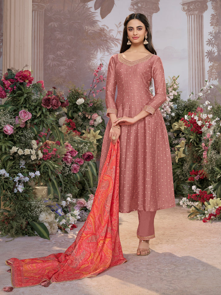Dusty Rose Tissue Silk Embroidered Anarkali Suit Set with Contrast Digital Print Russian Silk Dupatta