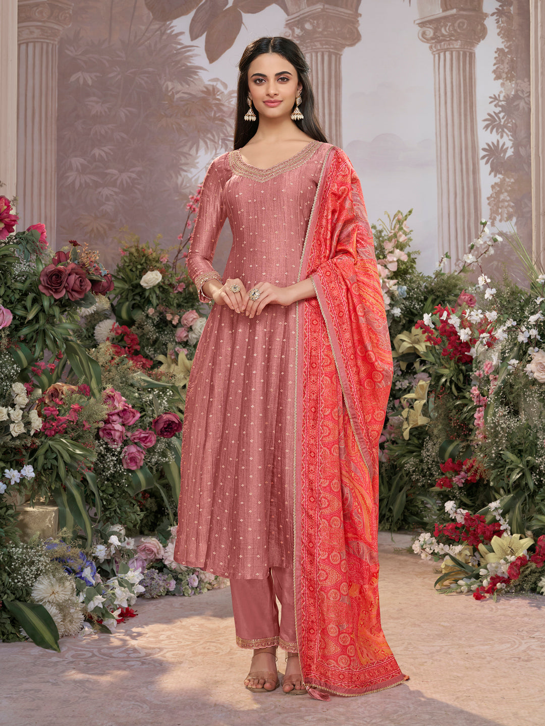 Dusty Rose Tissue Silk Embroidered Anarkali Suit Set with Contrast Digital Print Russian Silk Dupatta