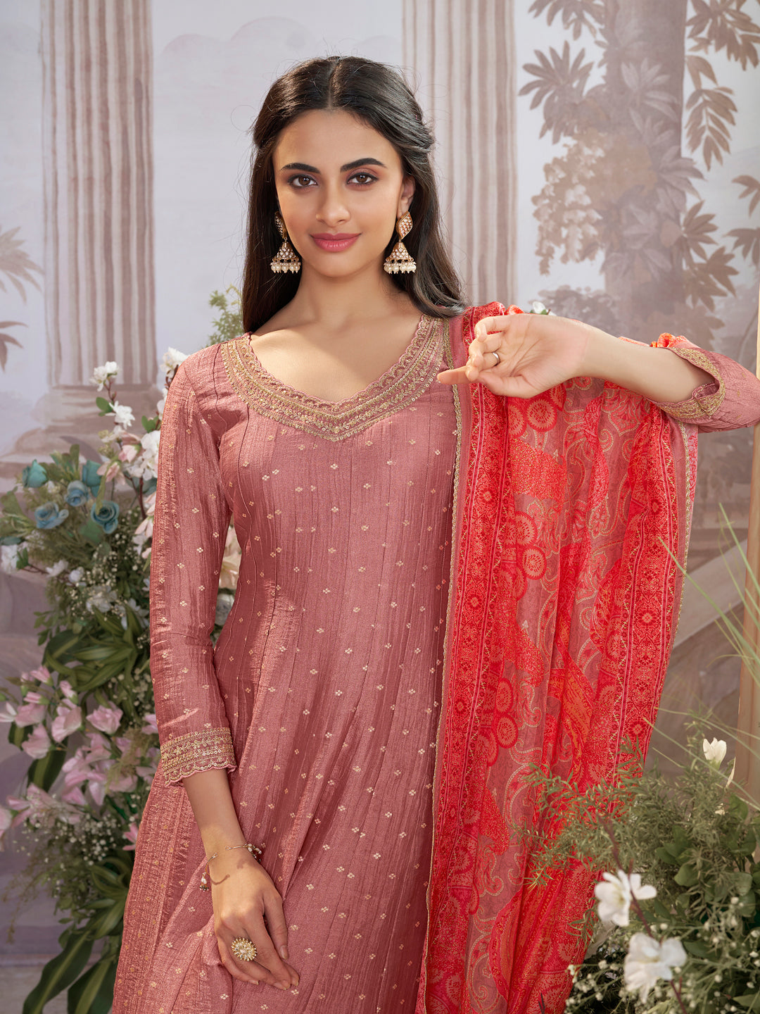 Dusty Rose Tissue Silk Embroidered Anarkali Suit Set with Contrast Digital Print Russian Silk Dupatta