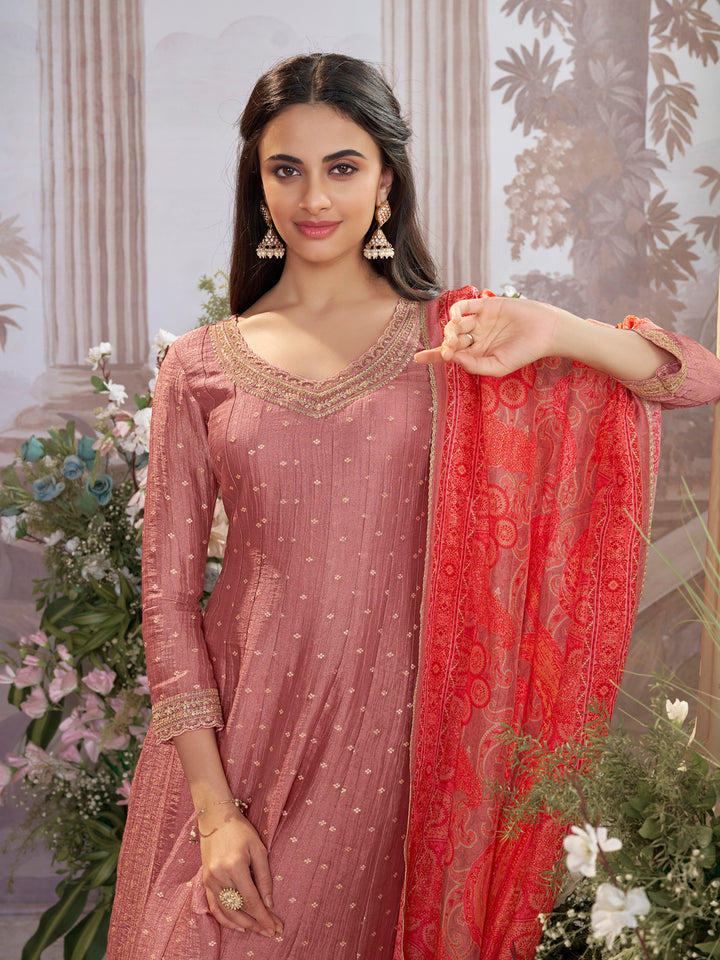 Dusty Rose Tissue Silk Embroidered Anarkali Suit Set with Contrast Digital Print Russian Silk Dupatta
