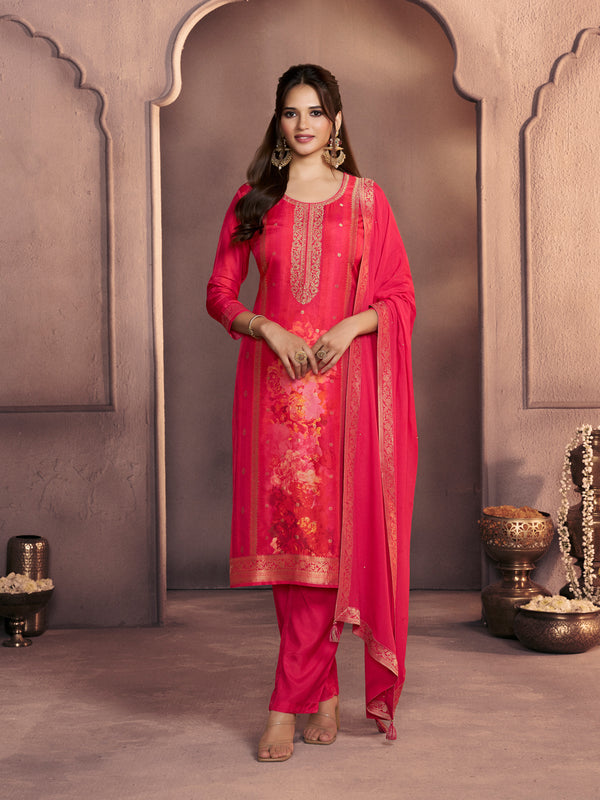 Amaranth Pink Premium Dola Silk Suit with Ethnic Motifs & Jacquard Accents